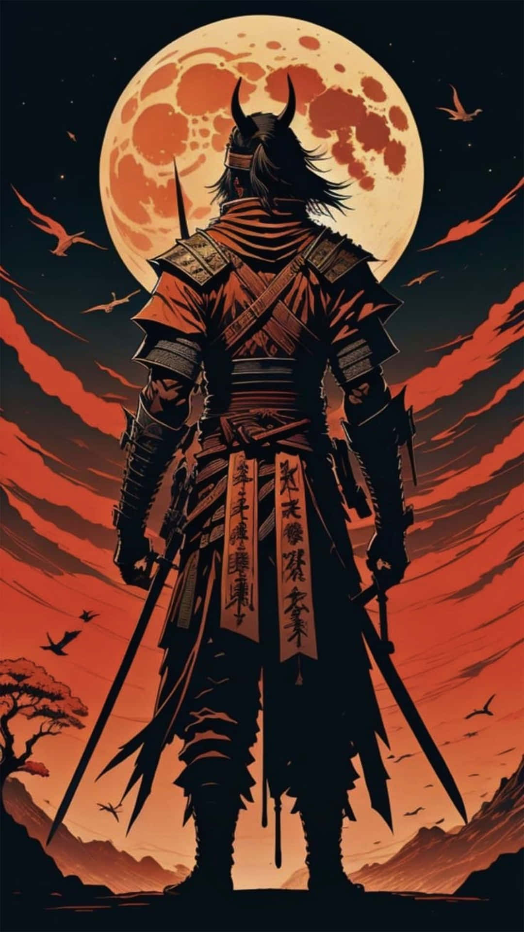 全副武裝的武士戰士手持刀劍，在血紅色的月亮下，鳥兒在熾熱的天空中飛翔 — 手機 壁紙