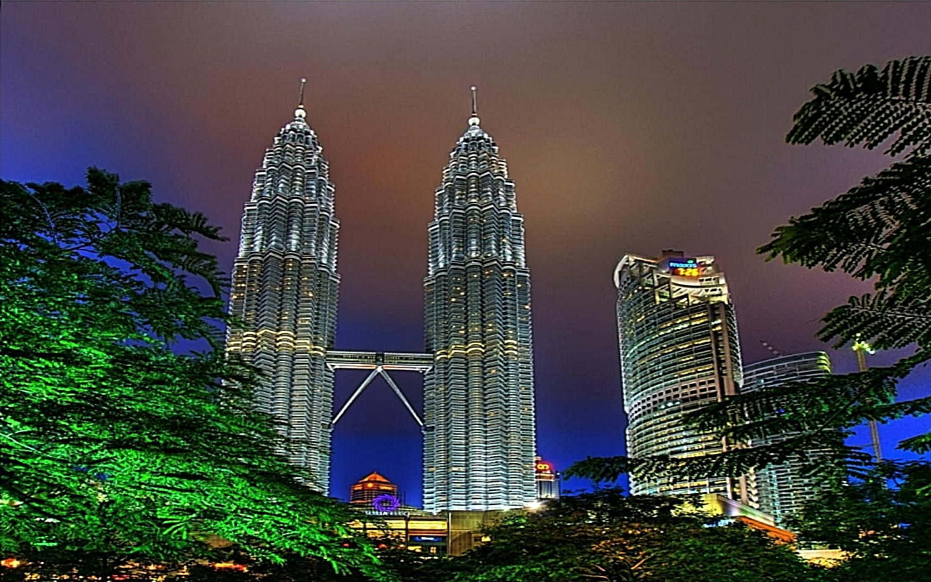 Malaysia 桌布 壁紙 — 雙子塔在暮色天空下閃耀著白光，周圍環繞著充滿活力的綠色樹木。