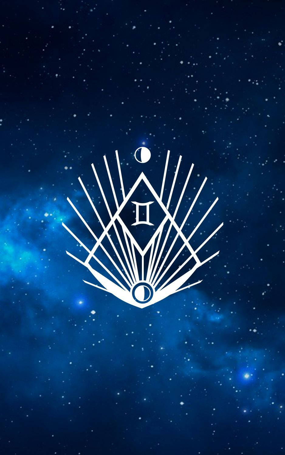 一個發光的白色幾何符號帶有羅馬數字 II，在星空宇宙藍色背景中。