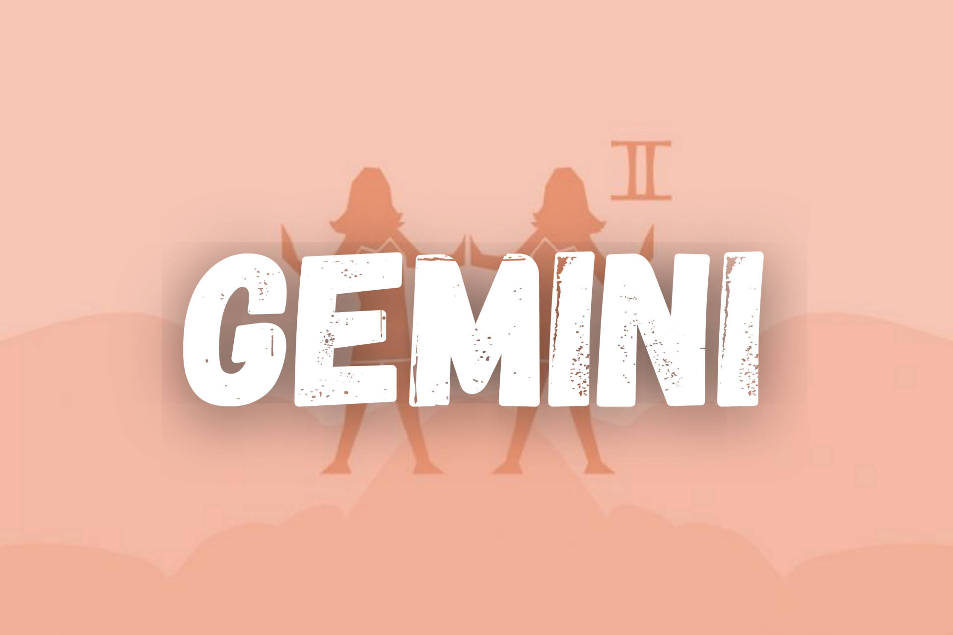 雙子座剪影 壁紙 — 大膽白色 'GEMINI' 文字，配以雙胞胎剪影和星座符號，置於柔和蜜桃漸變背景上。
