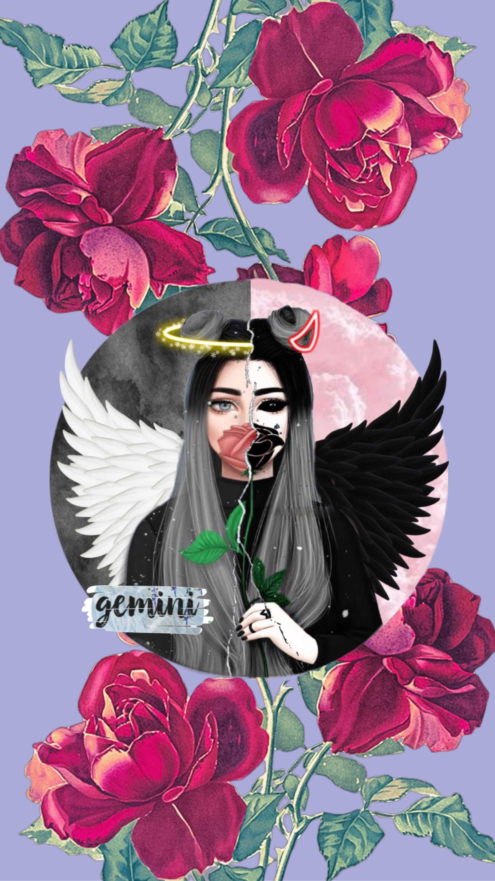 雙子座天使 壁紙 — 雙翼天使惡魔手持玫瑰，背景為月亮，周圍環繞著深紅玫瑰。