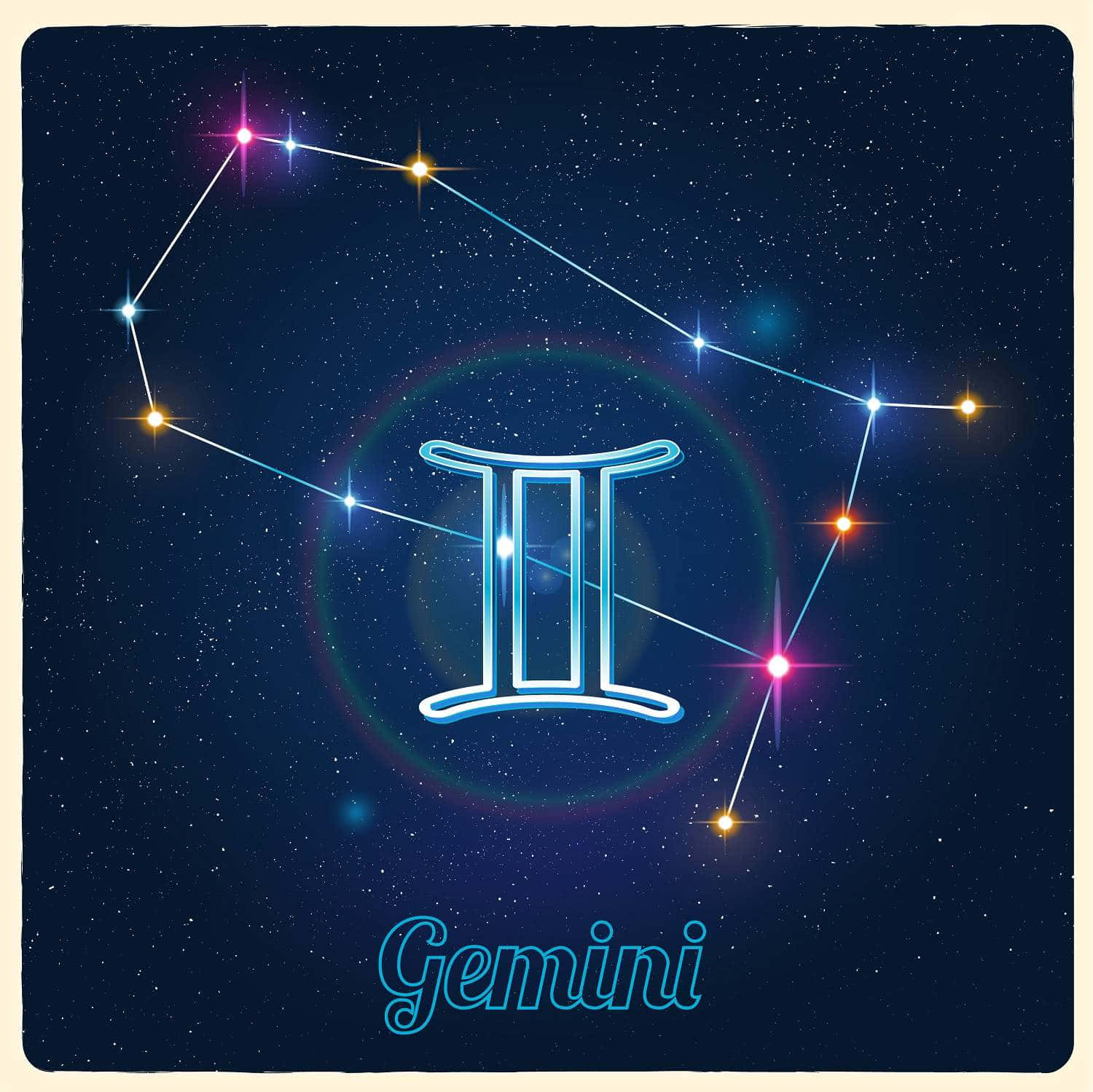 雙子座 桌布 壁紙 — 雙子座星座在深邃的星空背景下，由發光的線條連接的鮮豔星星閃耀，其星座符號居中位於下方。