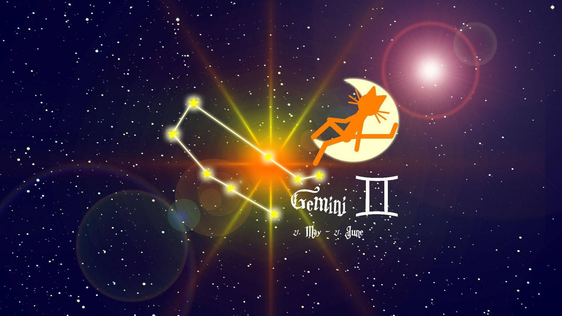 雙子座星座壁紙 壁紙 — 閃耀的雙子座星座在繁星點點的夜空中閃耀，新月上有一個雙胞胎剪影。