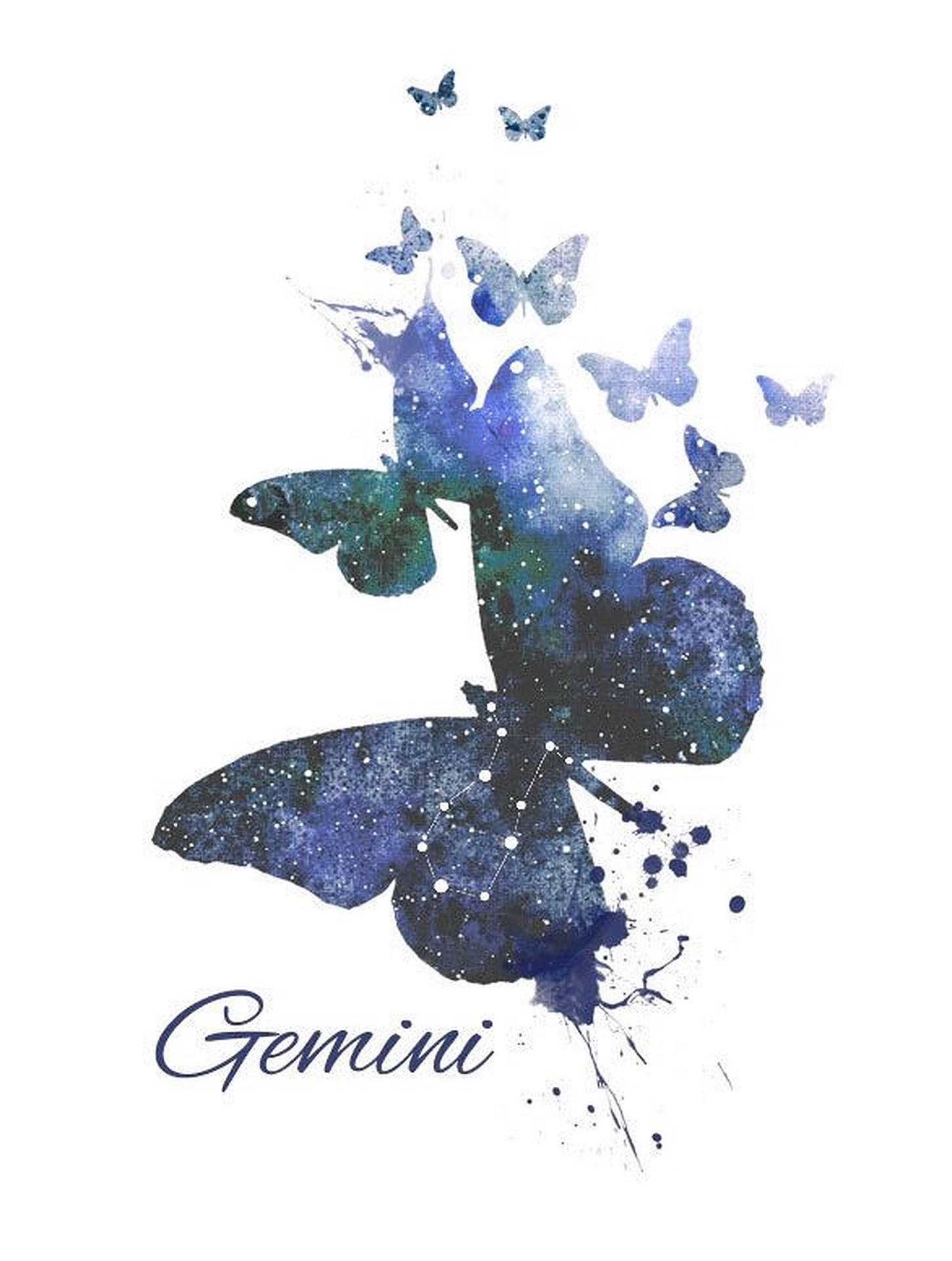 藍色水彩蝴蝶，帶有星星和星座線條，周圍有較小的蝴蝶，標有Gemini。 — 唯美蝴蝶動圖 壁紙