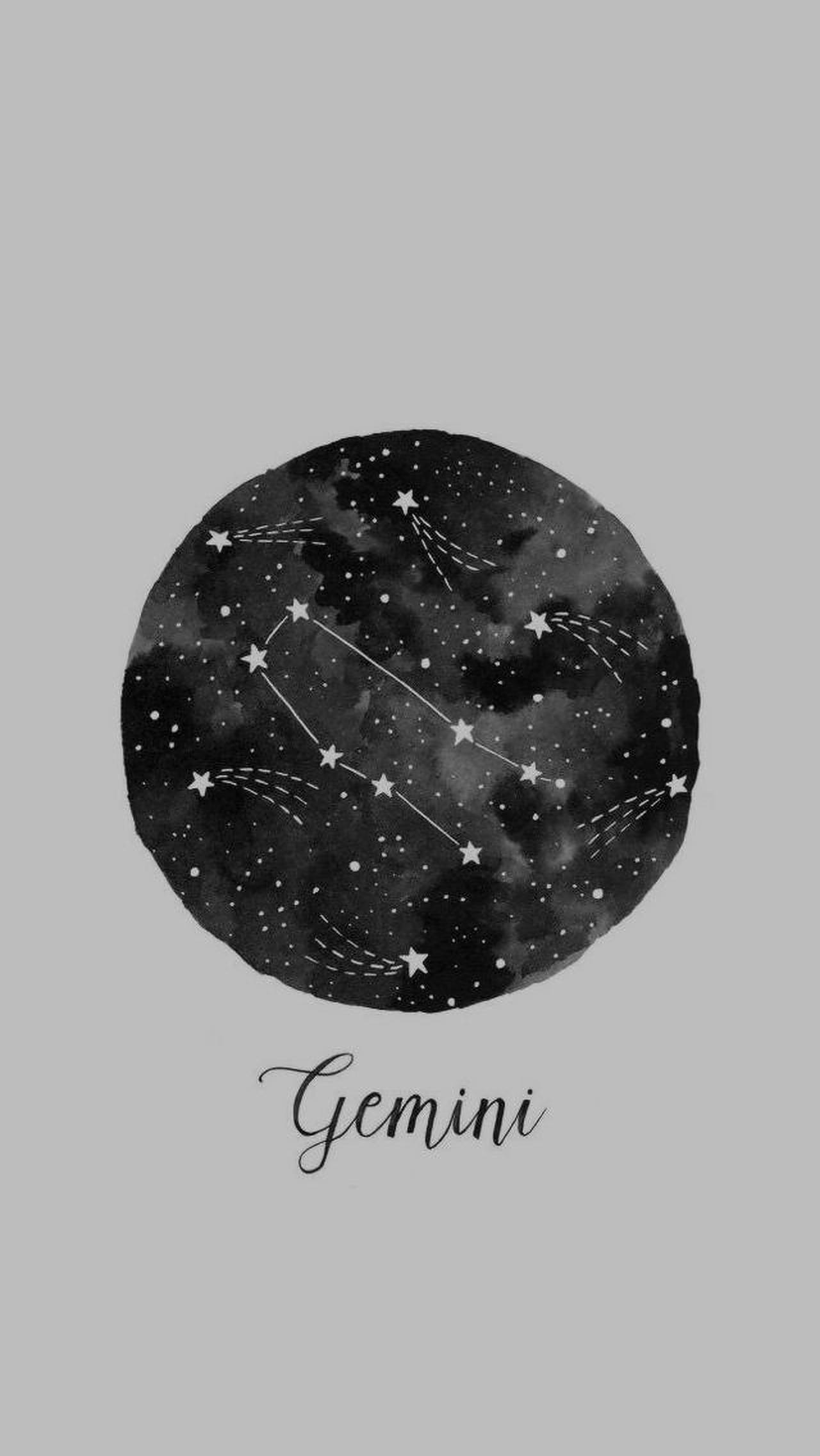 雙子座極簡主義藝術 壁紙 — 一個水彩圓圈描繪了雙子座星座，帶有星星和條紋，背景為灰色。