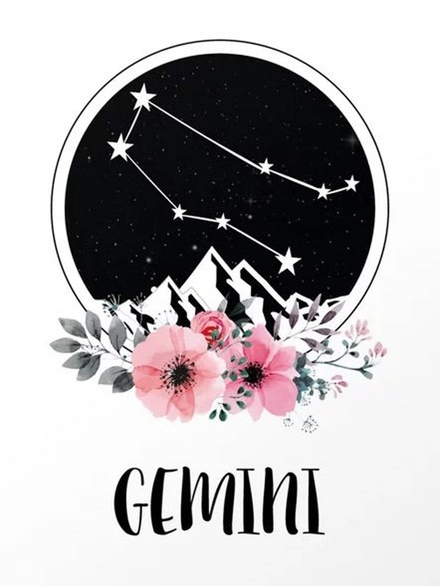 雙子座粉紅花朵 壁紙 — 一個圓形占星插圖，描繪雙子座位於雪山和粉紅色花朵之上。