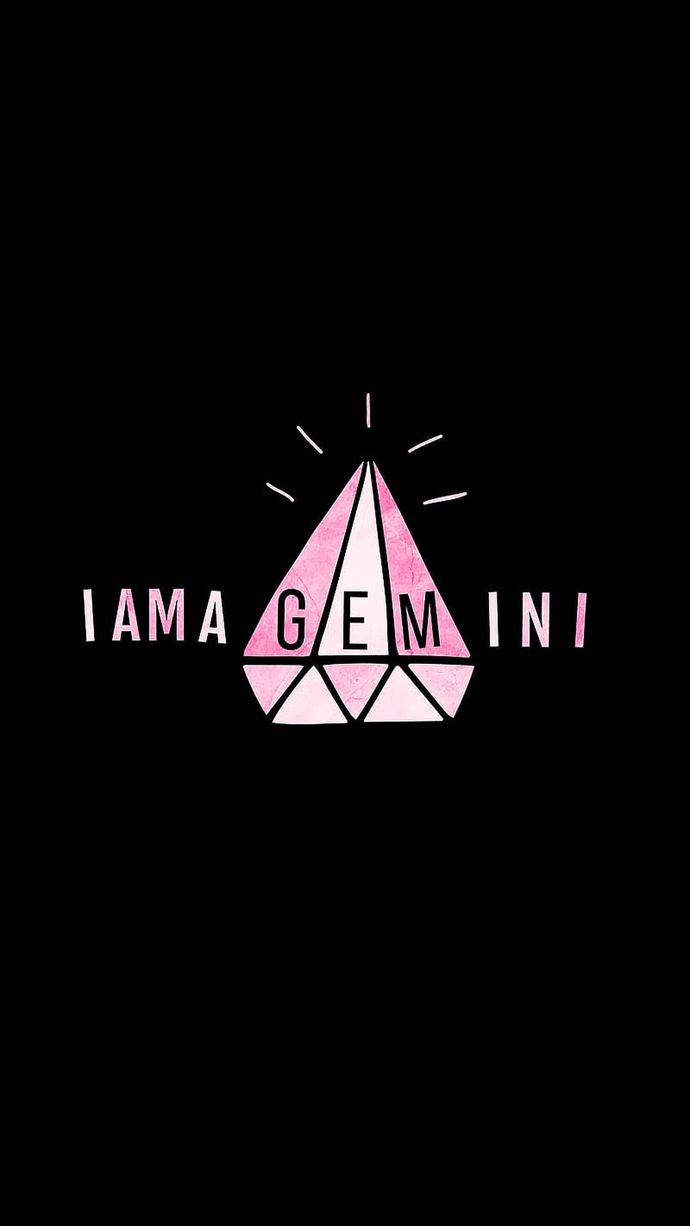 雙子座粉紅鑽石 壁紙 — 粉紅色寶石標誌，帶有「I AM A GEMINI」文字，在黑色背景上發光，並有放射線條。