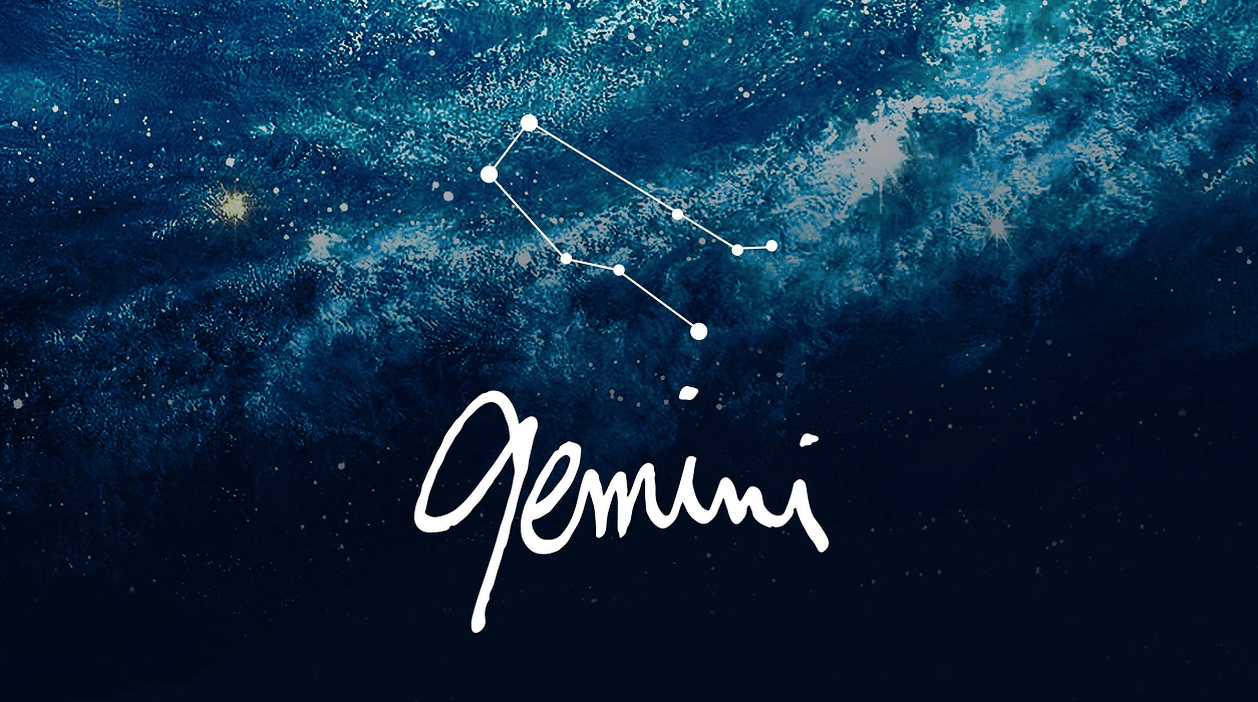 雙子座藍色漸層太空 壁紙 — 雙子座星座在深藍色宇宙漩渦中閃耀，下方有白色手寫文字。