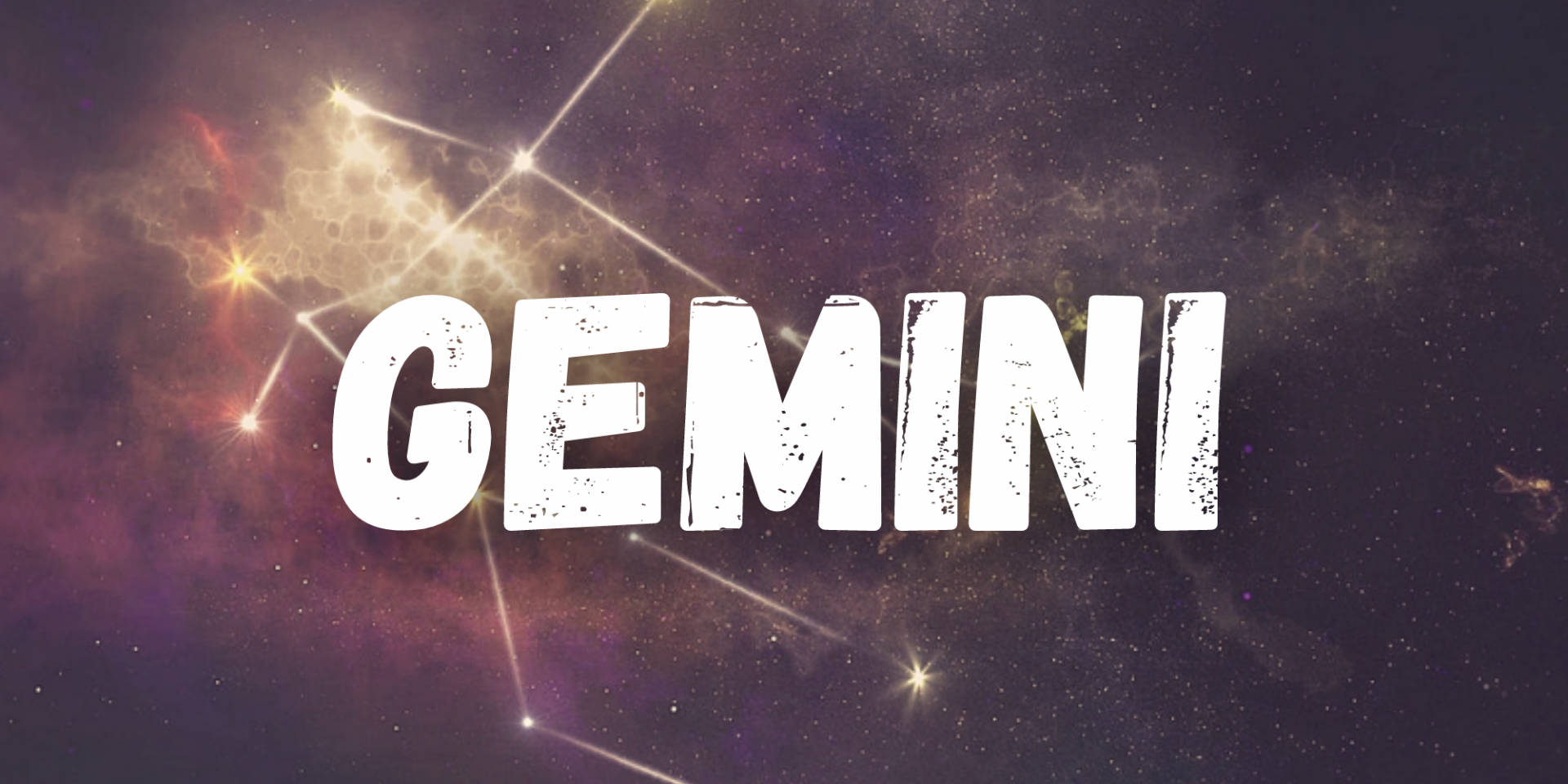 雙子座雲朵星座 壁紙 — 粗體白色字母的「GEMINI」一詞疊加在宇宙背景上，背景中有發光的星星和形成星座的星雲。