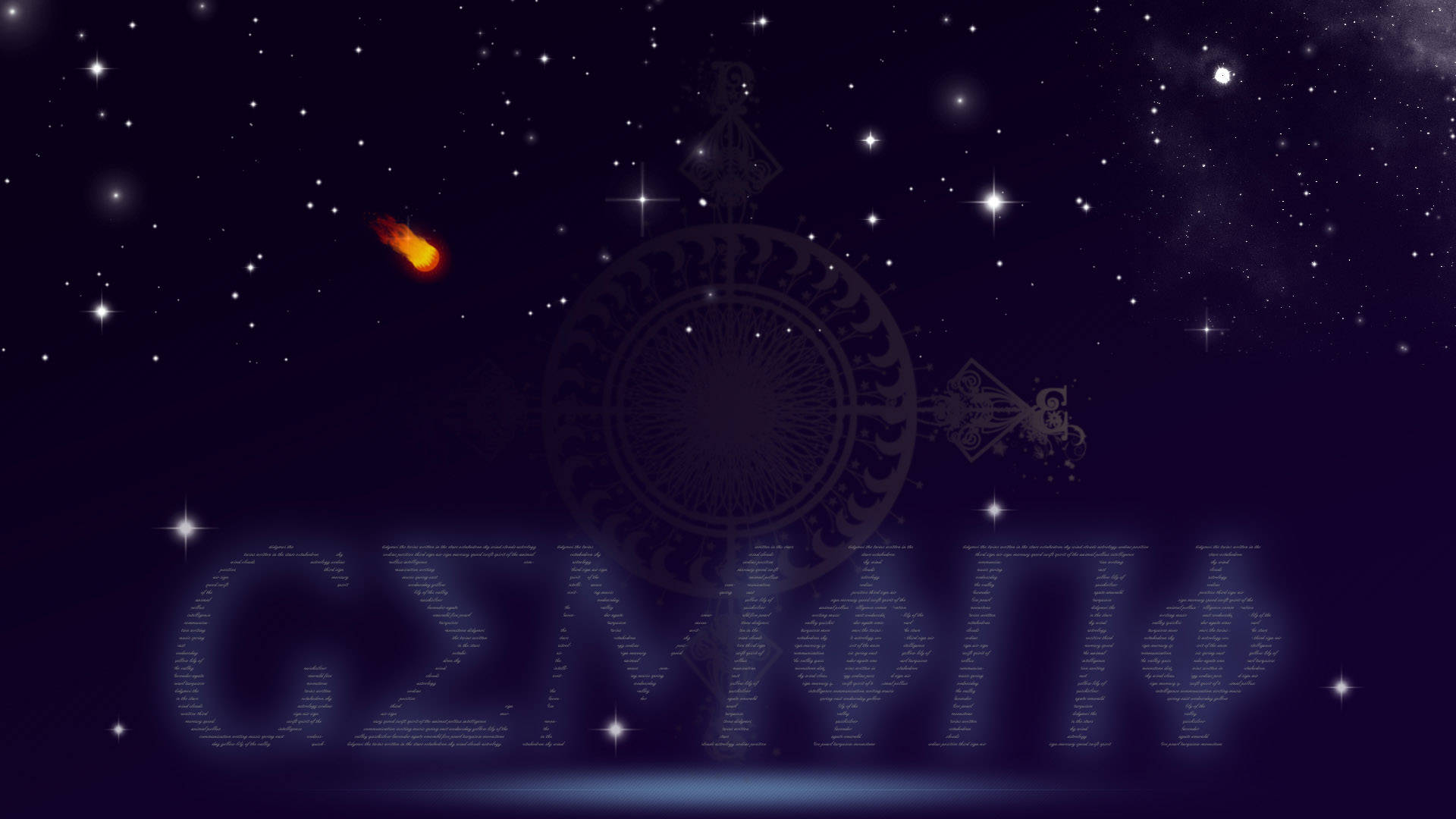 一顆發光的彗星在繁星點點的夜空中飛過一個神秘的符號和發光的文字。