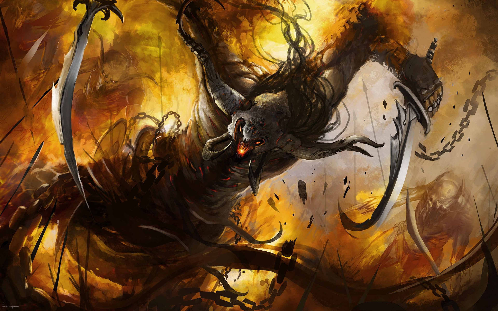 一個擁有發光眼睛和鎖鏈的惡魔戰士，在熾熱的爆炸中用彎曲的刀刃戰鬥。