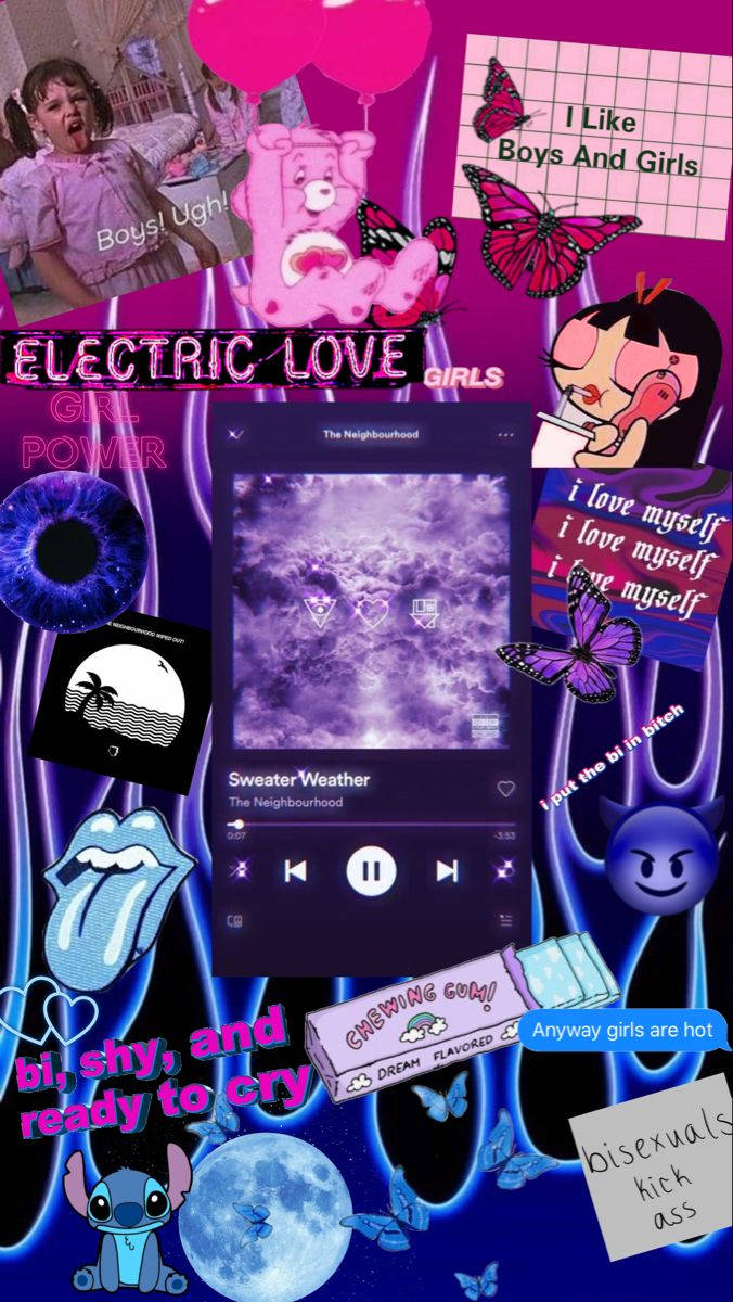 雙性戀《Sweater Weather》拼貼壁紙 壁紙 — 充滿活力的螢光粉紅和藍色拼貼畫，包含流行文化圖標、歌詞和表情符號，慶祝女性力量和雙性戀。