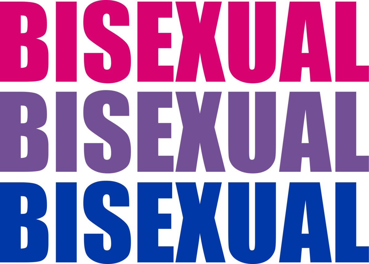 雙性戀字樣疊加 壁紙 — 粗體文字在黑色背景上重複 'BISEXUAL'，使用粉紅、紫色和藍色漸變。