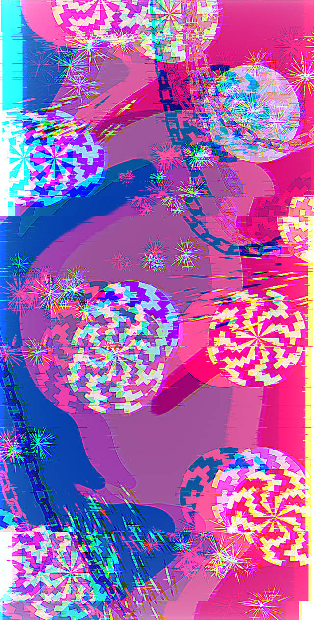 雙性戀抽象幻覺圖案 壁紙 — 充滿活力的抽象數位藝術作品，以發光的像素化球體和星爆為特色，背景為洋紅色和藍色漸變。