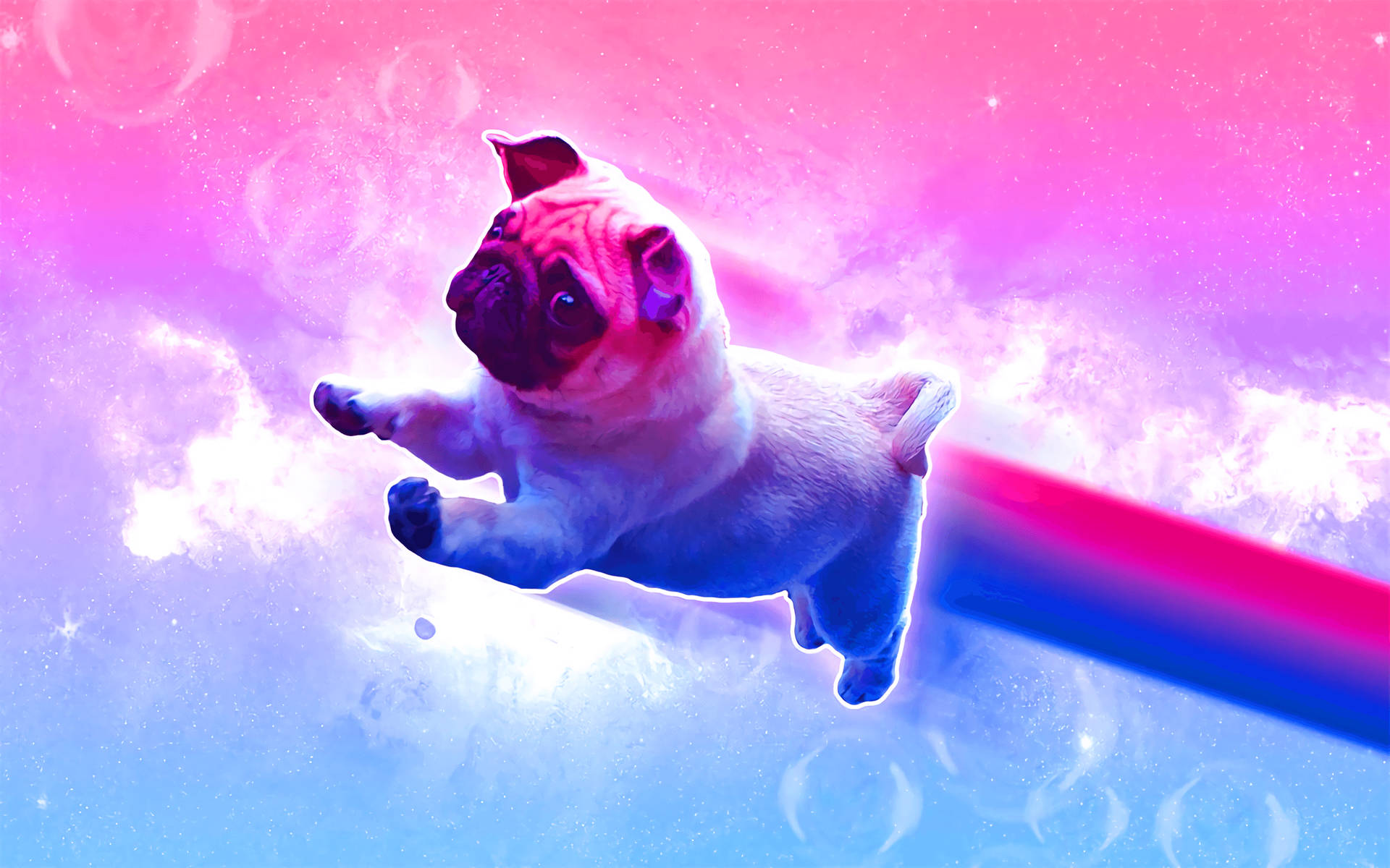 一隻巴哥犬幼犬在色彩繽紛的宇宙星雲中漂浮，伴有發光雲層和氣泡。