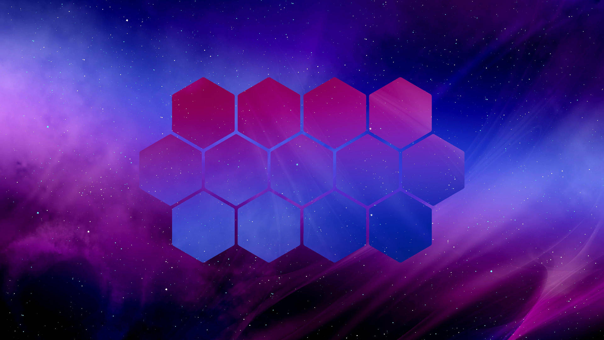 一個發光的六角形網格在色彩繽紛的宇宙星雲中，伴隨著星星。