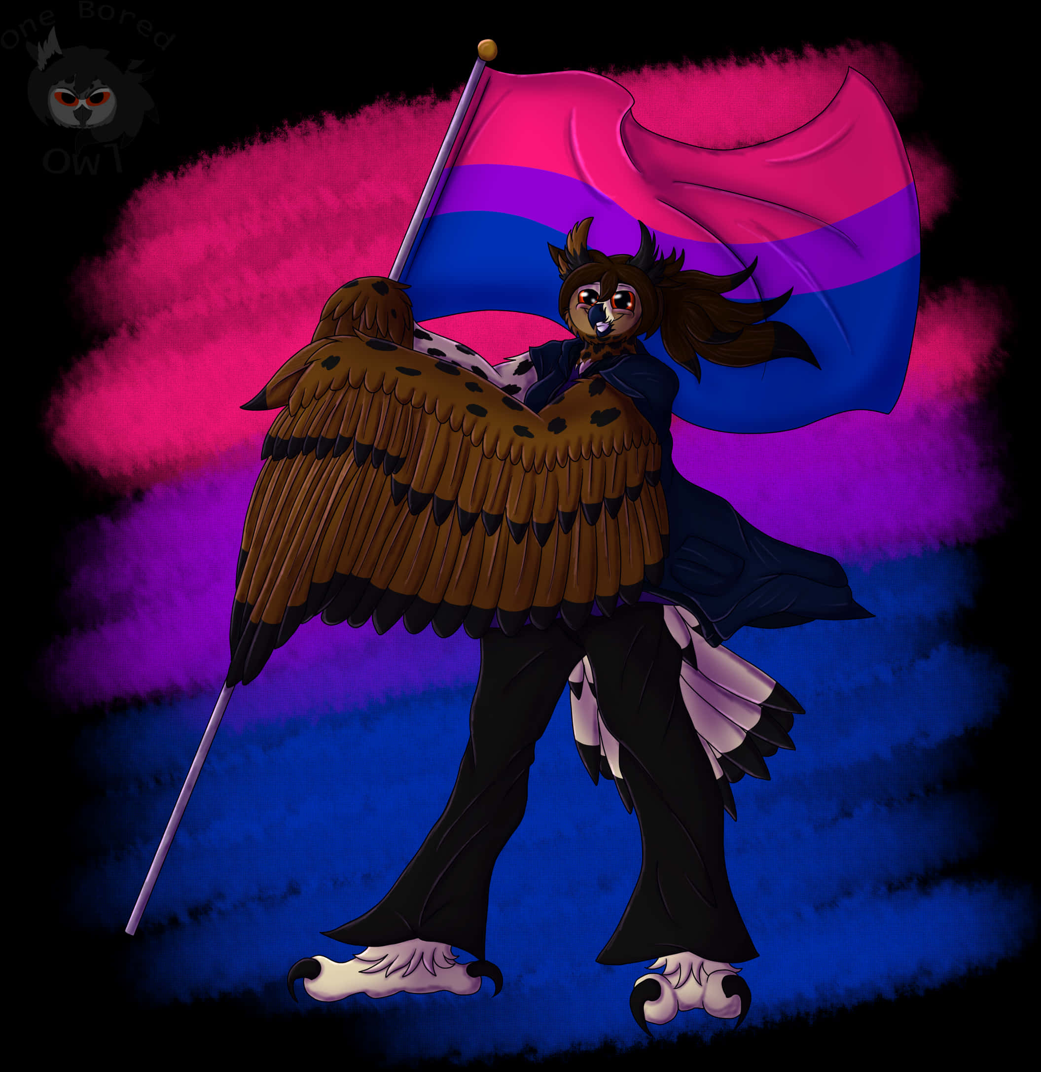 雙性戀旗幟動漫角色與翅膀 壁紙 — 一個類似貓頭鷹的擬人化角色，擁有大型棕色翅膀，在充滿活力的粉紅色和紫色煙霧背景前舉起雙性戀驕傲旗幟。