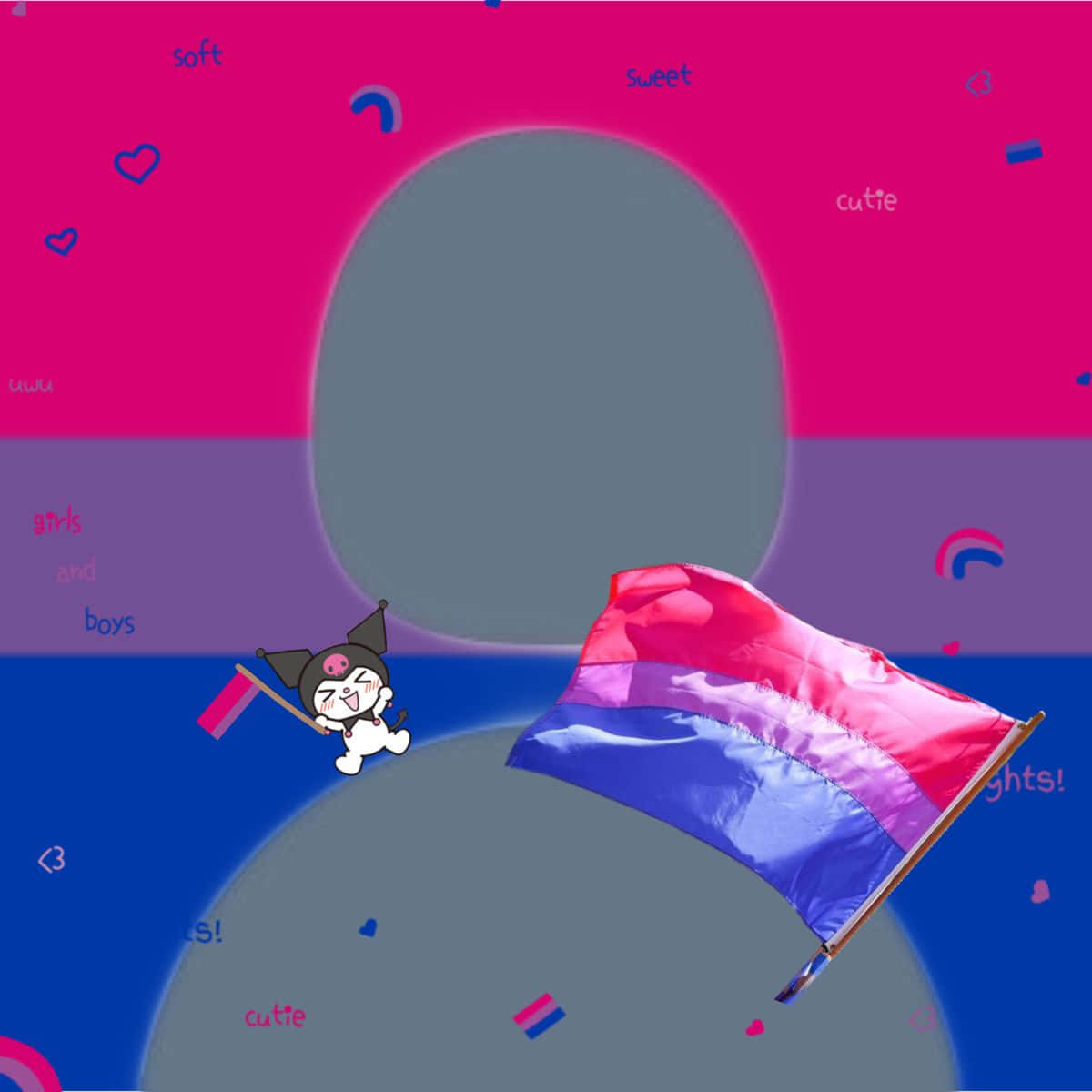 雙性戀旗幟卡通角色頭像 壁紙 — 一個可愛的卡通角色在充滿漂浮心形和文字的鮮豔粉紅、紫色和藍色背景前，快樂地揮舞著雙性戀驕傲旗幟。