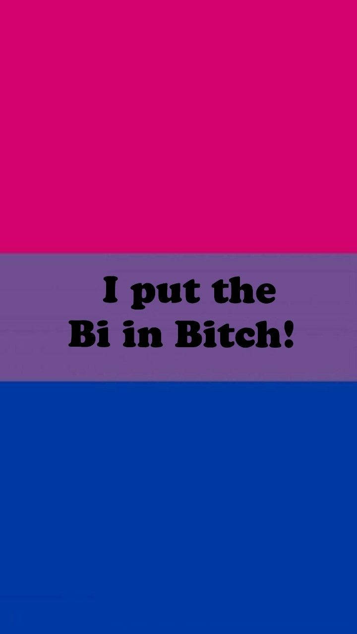 粉紅、紫和藍色橫幅，粗體文字寫著 I put the Bi in Bitch