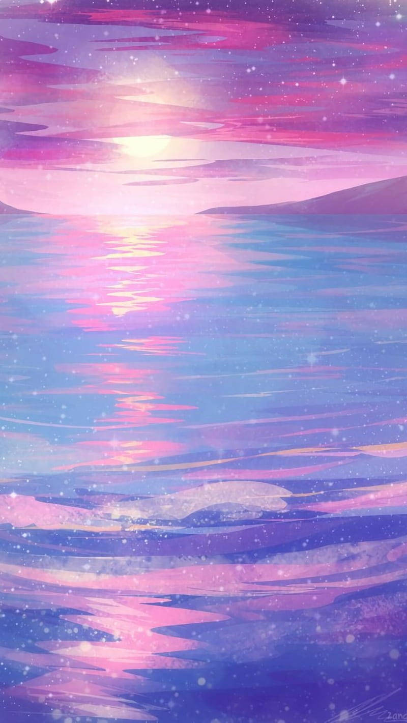 雙性戀水景 壁紙 — 一個夢幻般的動漫風格日落，在水面上，粉紅色、紫色和藍色的色調在星空下反射在漣漪波紋上。