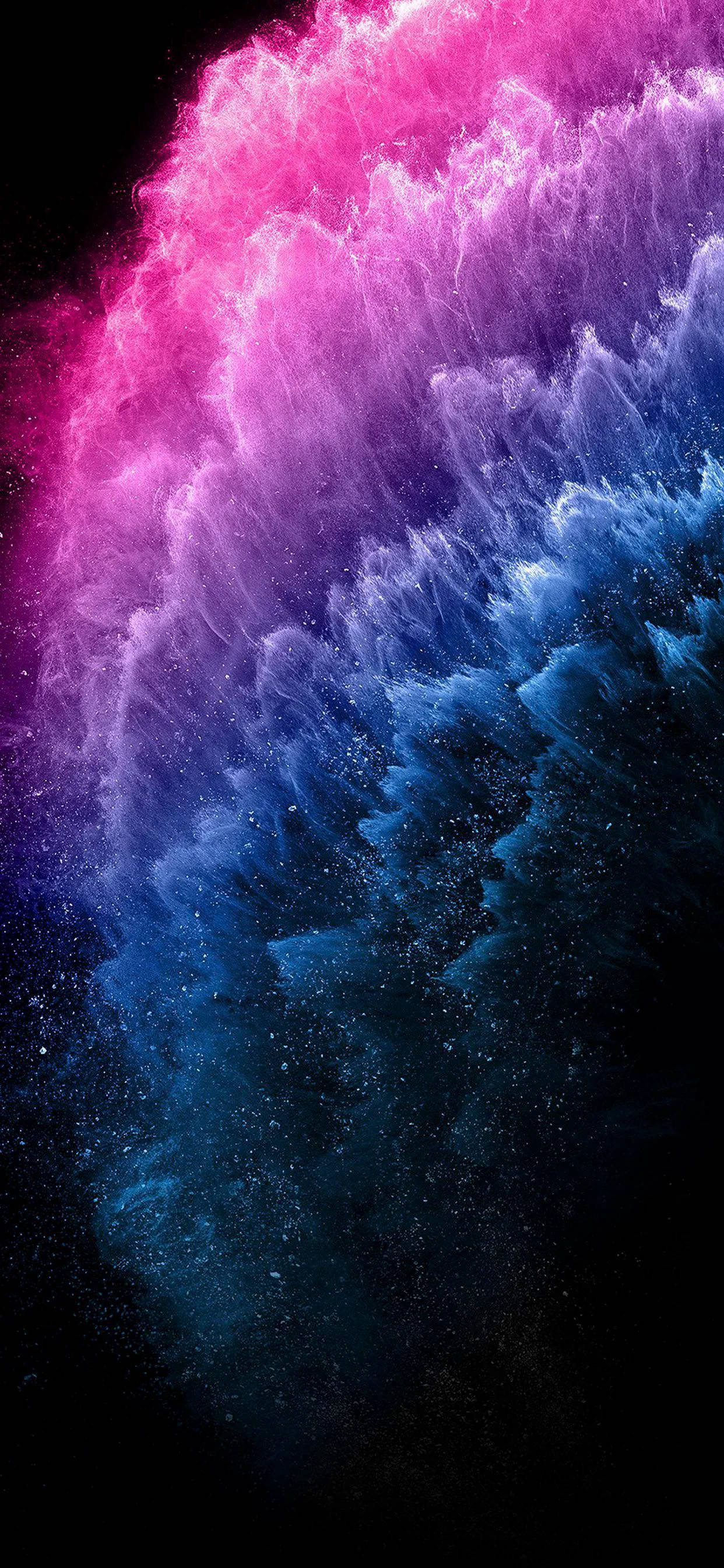 雙性戀液體爆炸壁紙 壁紙 — 充滿活力的粉紅色和藍色宇宙塵埃在黑色虛空中旋轉，帶有閃爍的粒子。