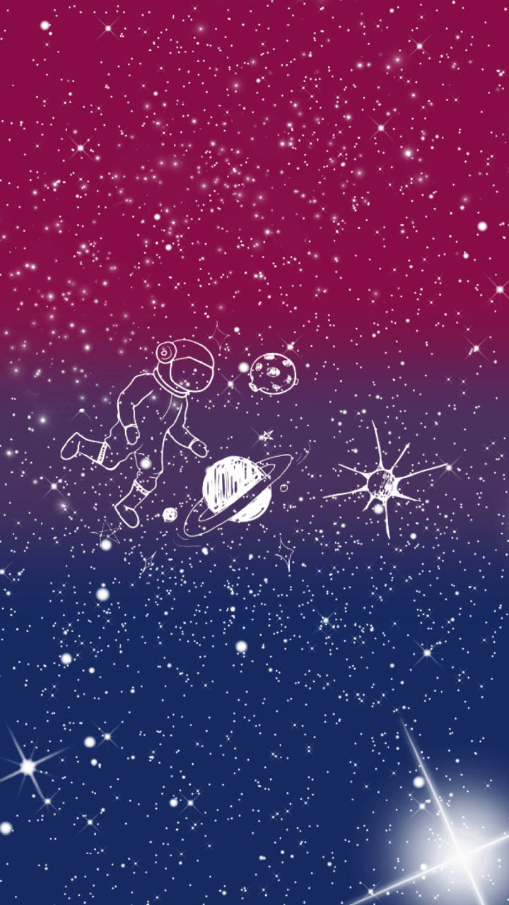 雙性戀美學太空宇航員 壁紙 — 一位白色線條藝術的太空人在漸變洋紅色到海軍藍的天空中漂浮於行星和星星之間。