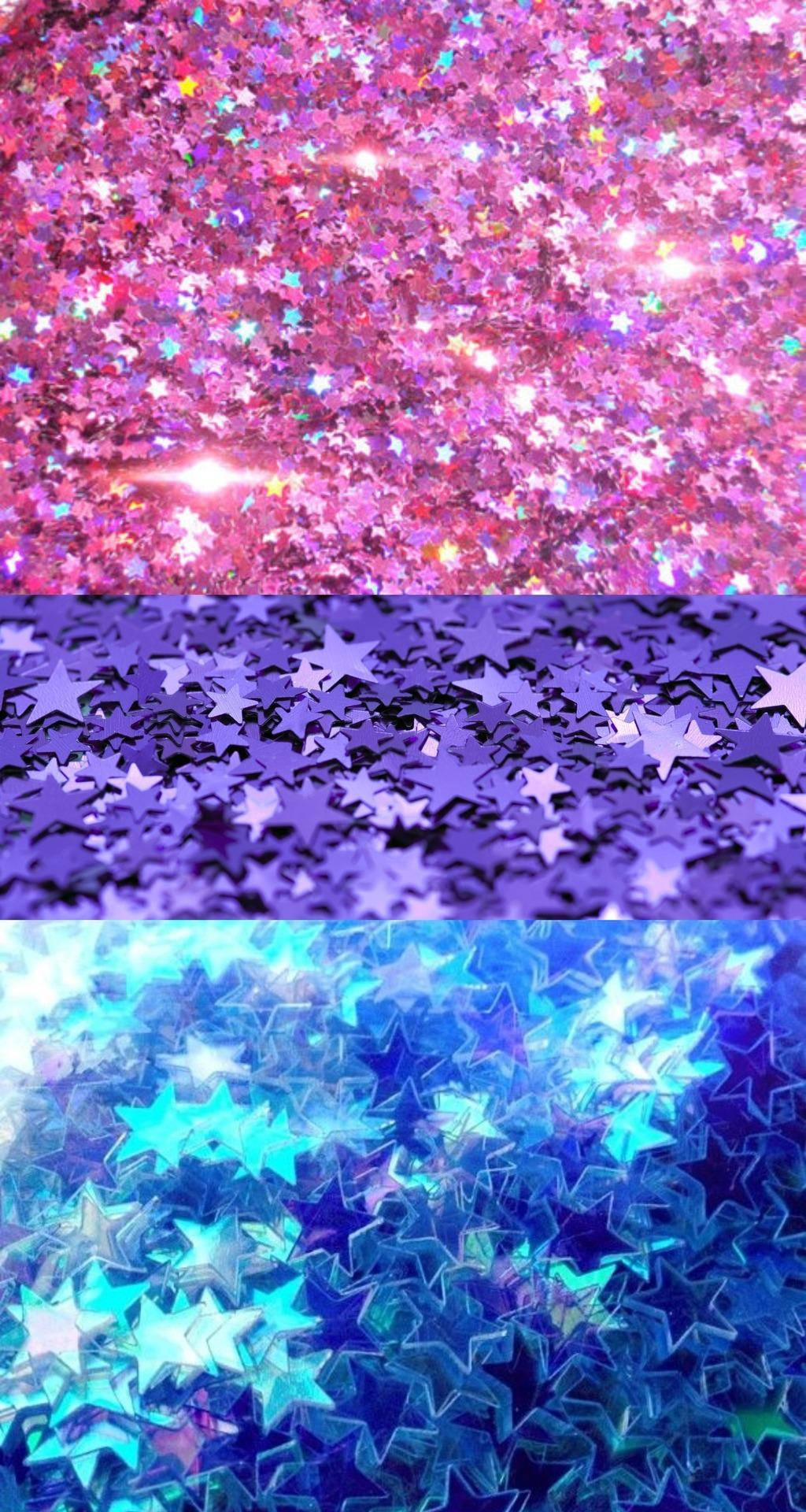 雙性戀美學閃亮星星 壁紙 — 一幅三聯畫，呈現粉紅、紫色和藍色色調中閃閃發光的星形五彩紙屑，帶有閃亮的高光。