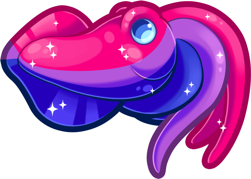 雙性戀驕傲旗標誌青蛙 壁紙 — 一條帶有粉紅色和紫色漸變及閃爍星星的光滑卡通魚在黑色背景上游泳。