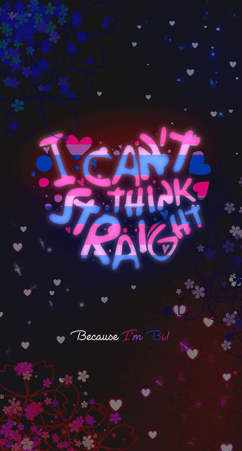 雙性戀驕傲花卉背景 壁紙 — 霓虹粉紅和藍色文字 'I CAN'T THINK STRAIGHT' 形成心形，在黑暗背景上發光，周圍散落著心形和花卉圖案。