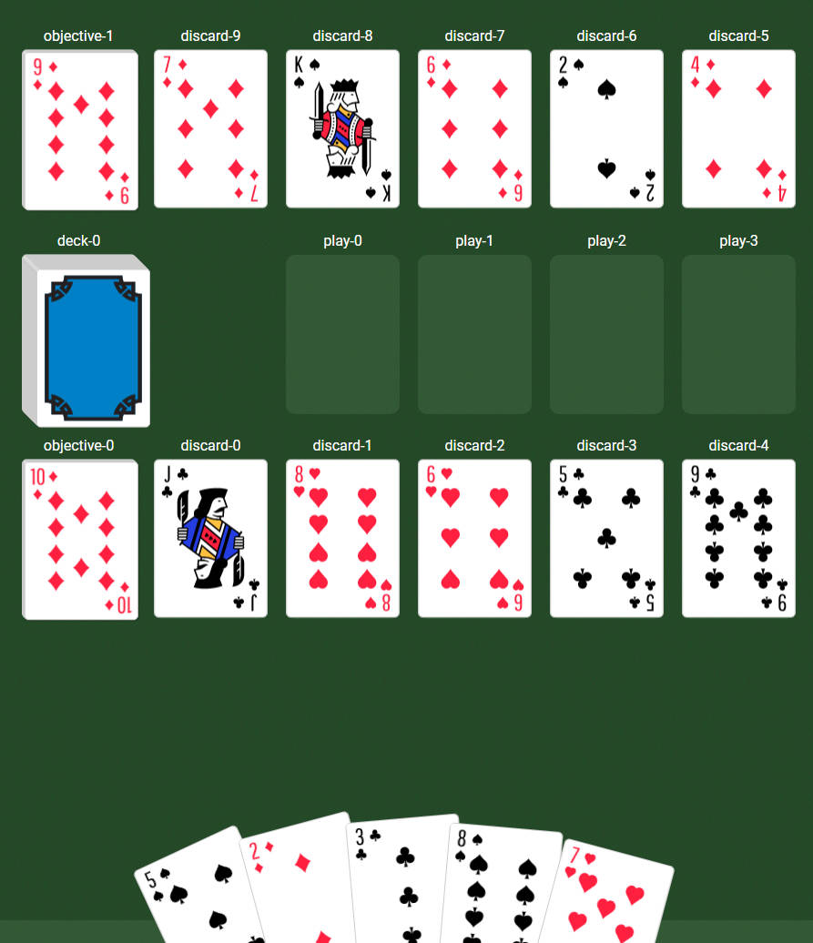 數位接龍遊戲，紙牌排列在綠色氈面上。