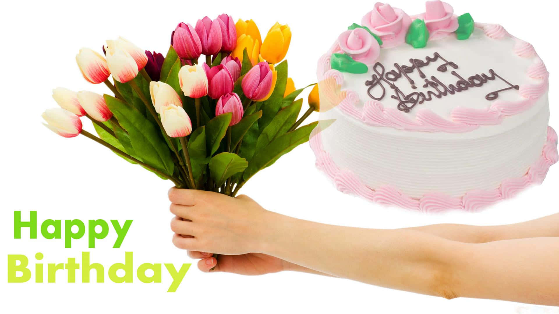 手拿著鬱金香，旁邊是寫有「Happy Birthday」的生日蛋糕。