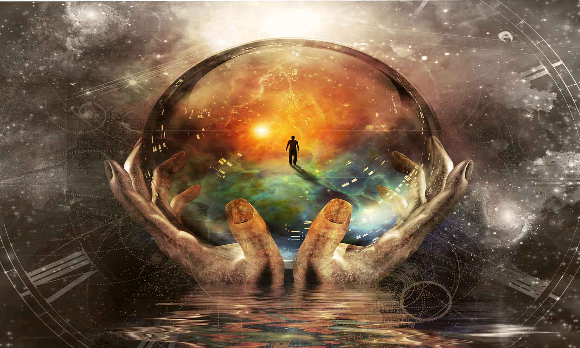 Spiritual Meditation 桌布 壁紙 — 雙手捧著一個發光的宇宙球體，其表面站著一個孤獨的身影，背景是星空。