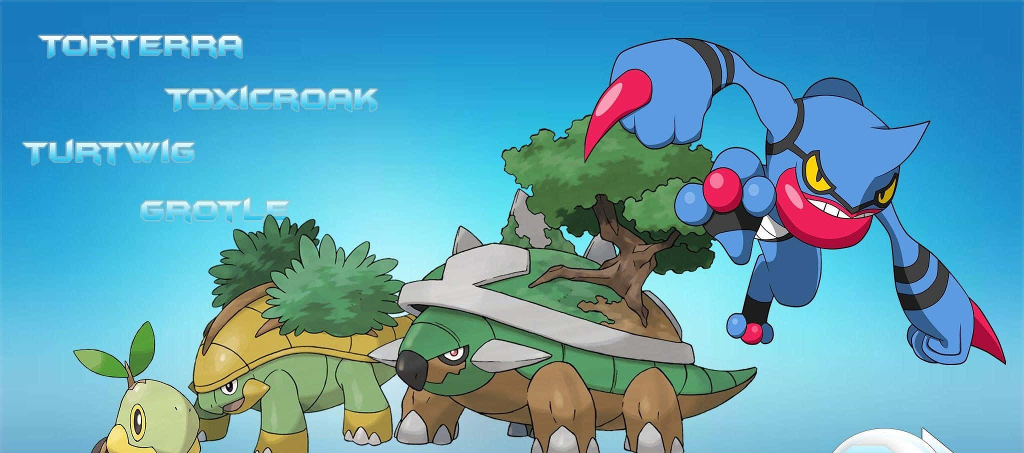 雙星戰鬥組合：Toxicroak 與 Torterra，Turtwig 到 Grotle 的進化之路，夢幻藍天背景 壁紙 — 四個寶可夢角色站在清澈的藍天下，名字漂浮在他們上方。