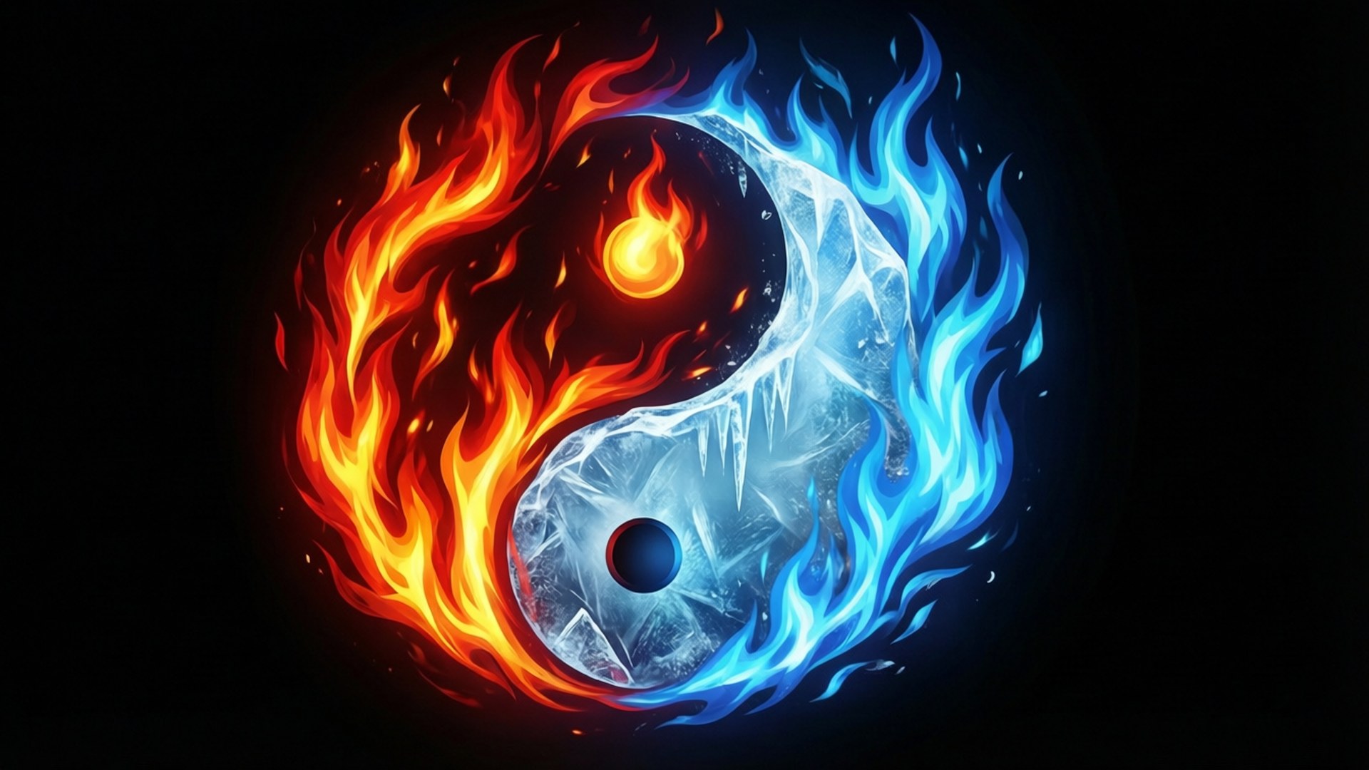 雙火陰陽 壁紙 — 一個火紅和冰藍的陰陽符號，火焰和冰在黑色背景上旋轉。