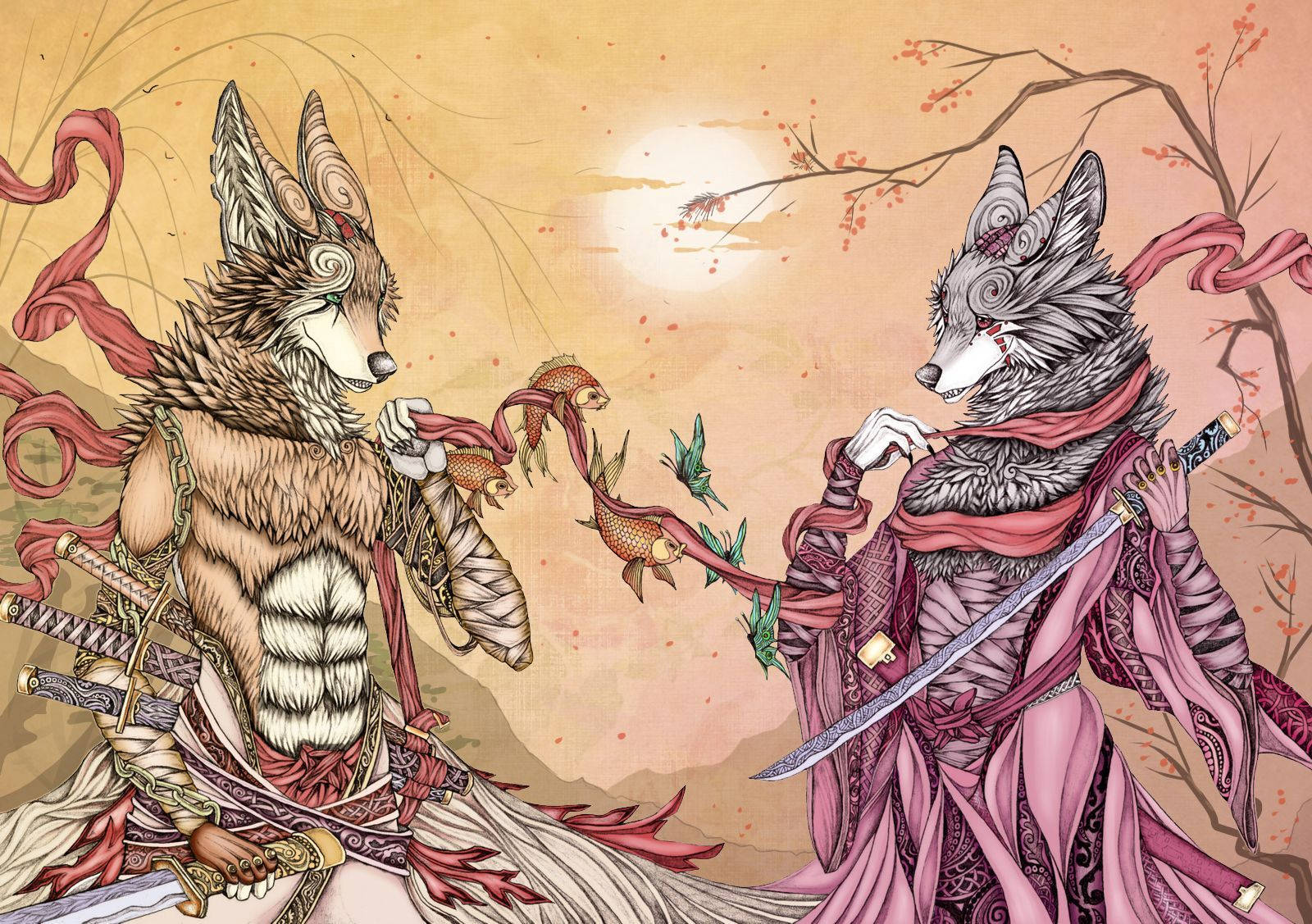 雙狐妖持刀組合 壁紙 — 兩隻擬人化的狼穿著華麗的盔甲和長袍，在發光的太陽下對峙，櫻花和魚在它們之間漂浮。
