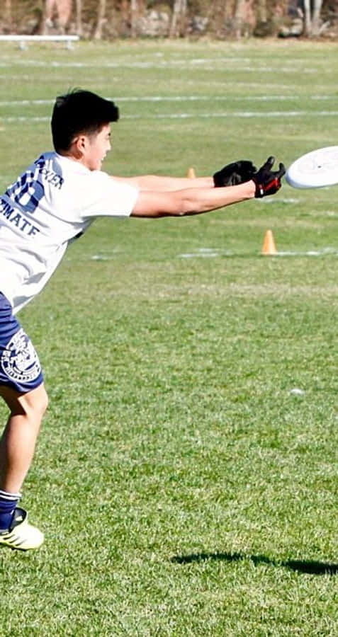 雙臂張開運動員 Android Ultimate Frisbee 背景 壁紙 — 一名身穿運動裝備的年輕男子在陽光明媚的草地上接住一個白色的飛盤，草地上有橙色錐體。