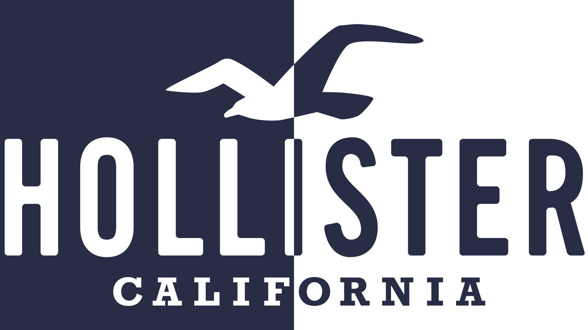 雙色Hollister標誌 壁紙 — 一個大膽的Hollister California標誌垂直分割，海鷗剪影在文字上方飛翔。