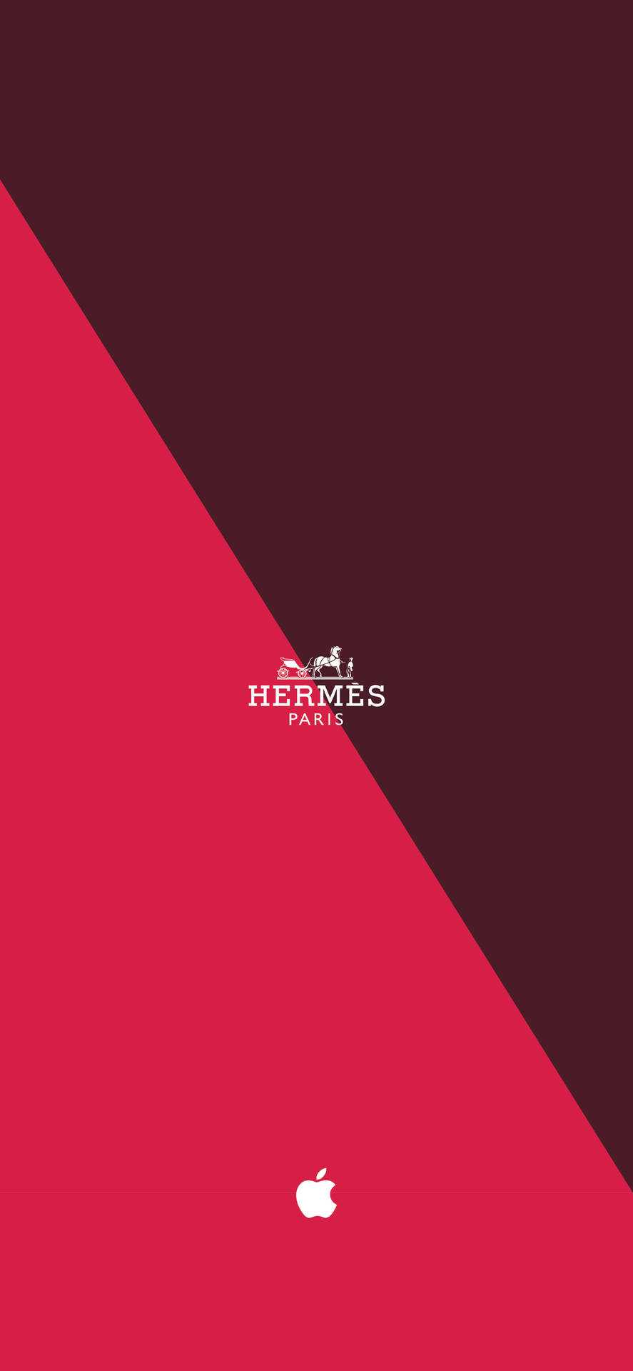 紅色和酒紅色對角牆紙，帶有 Hermès 和 Apple 標誌。