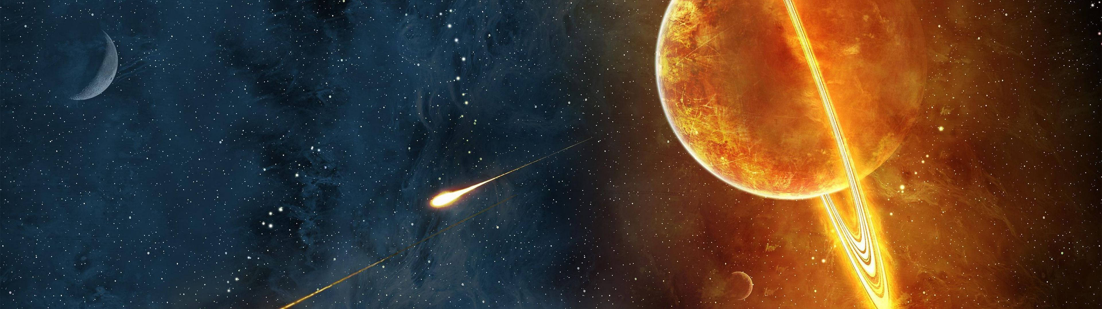 深空中帶有彗星和新月的熾熱環狀行星。