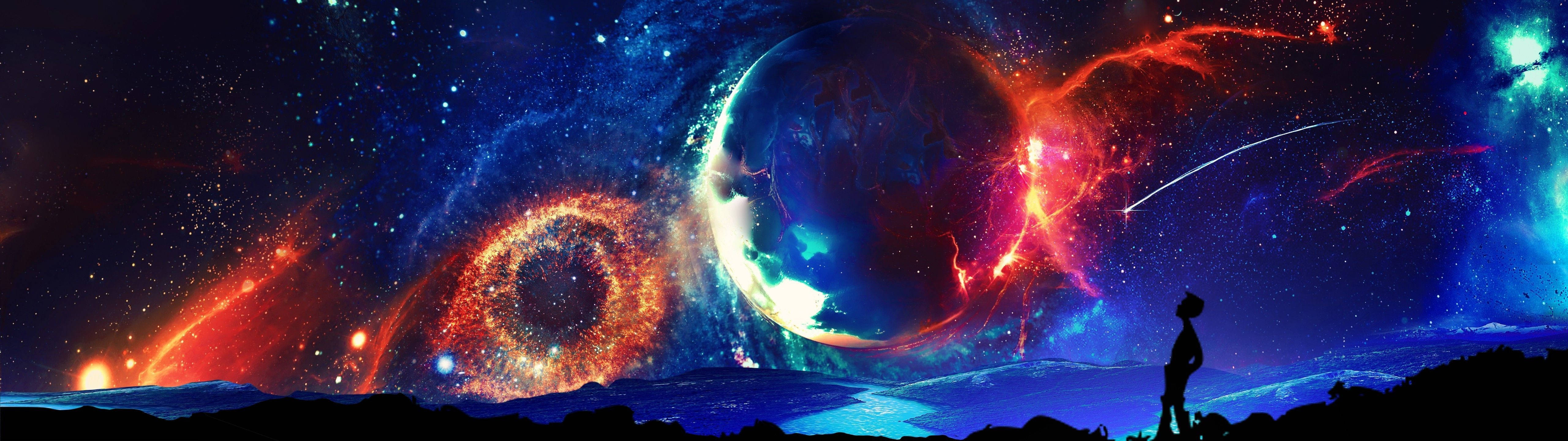 一個人在繁星點點的夜空中觀看生動的宇宙現象的剪影。
