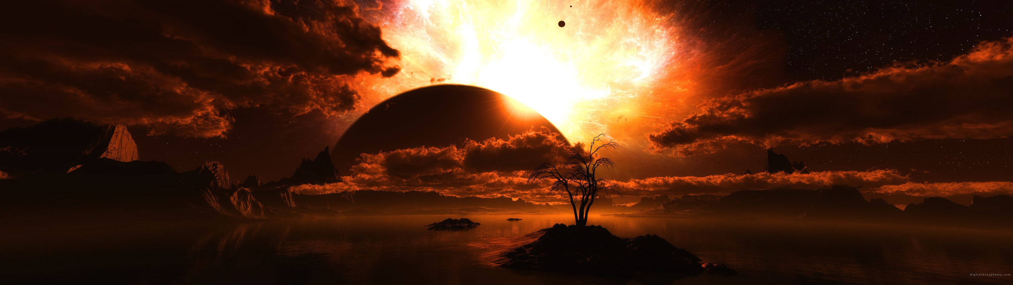 島上一棵孤樹，在發光的外星日落和天空中的巨大行星下。