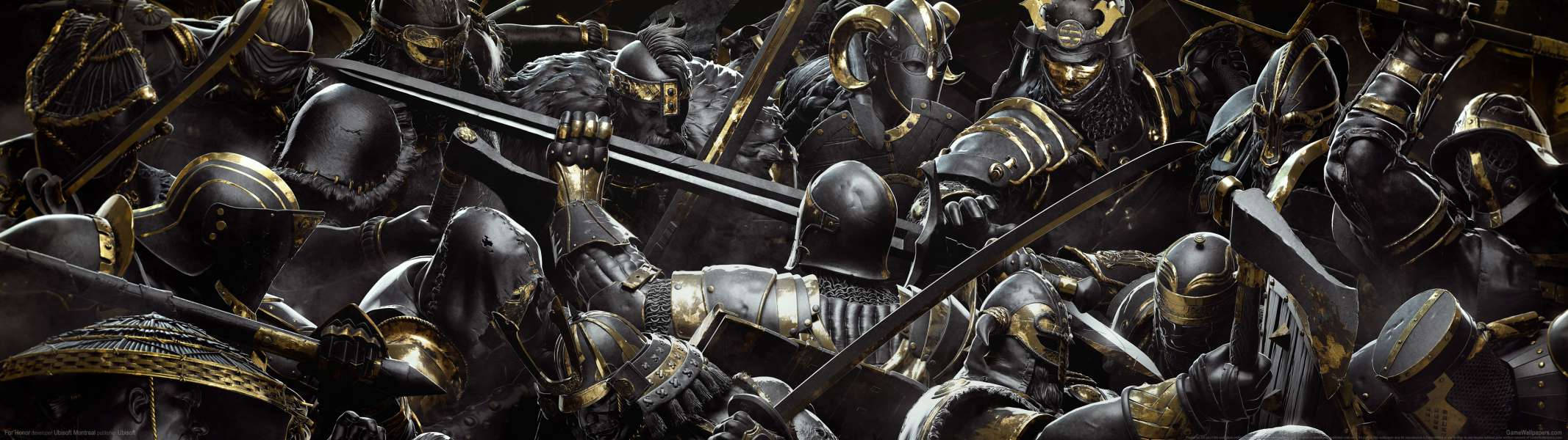 身穿黑色和金色盔甲的武士在混亂的戰鬥中交鋒。