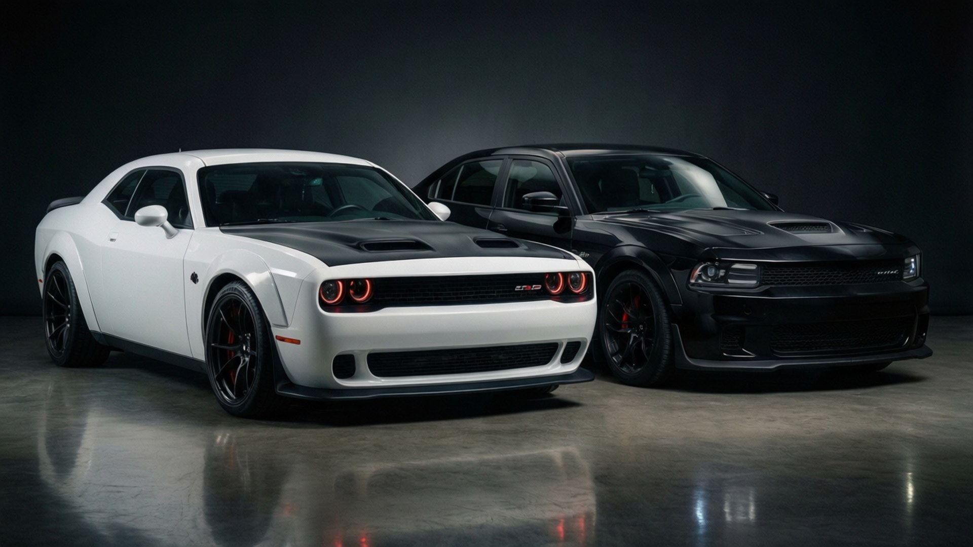 兩輛Dodge Challenger SRT Hellcat肌肉車，白色和黑色，帶紅色制動卡鉗，停在反光地板上。