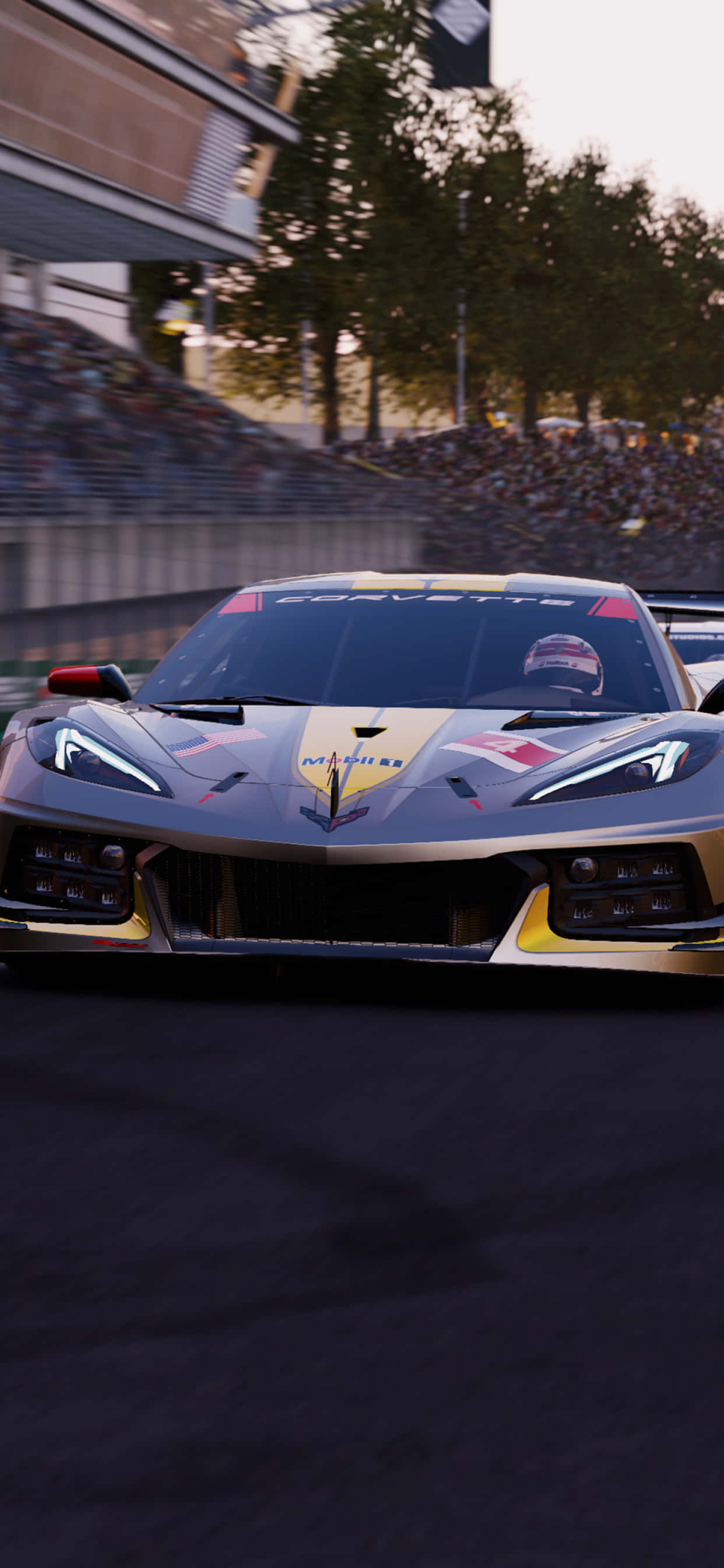 雙重享受：Apple iPhone XS Max與《Project Cars 2》 壁紙 — 一輛時尚的金黑配色Corvette賽車在黃昏時分的賽道上疾馳，背景是模糊的觀眾和樹木。