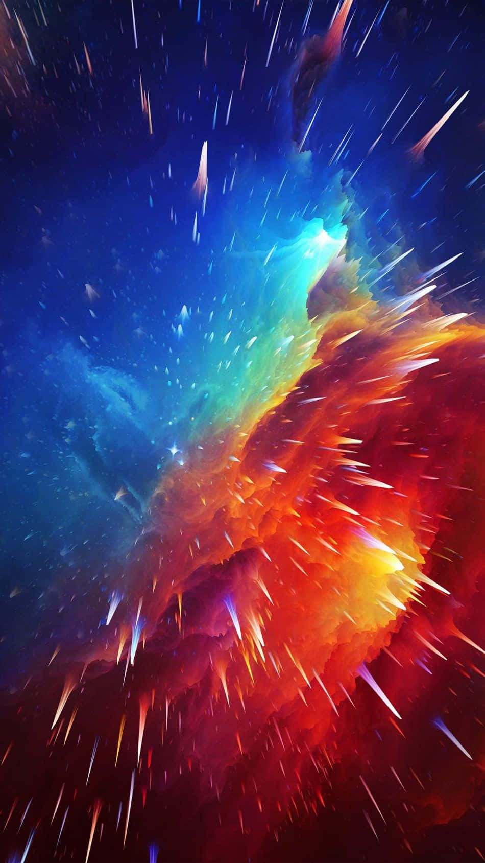 雙重地平線的迷人視野 壁紙 — 充滿活力的宇宙星雲，帶有火橙色和電藍色的雲層，被輻射星爆劃過，背景是深邃的太空。
