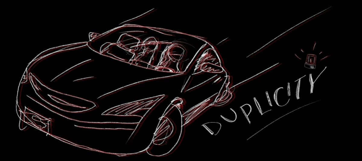 跑車的紅色線條草圖，旁邊有「duplicity」字樣。