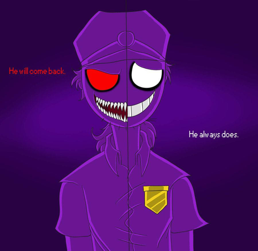 雙面紫衣人FNAF 壁紙 — 一個穿著制服、臉部一分為二的紫色卡通角色，有一隻紅眼和一隻白眼，在深紫色背景上帶著文字露出威脅性的微笑。