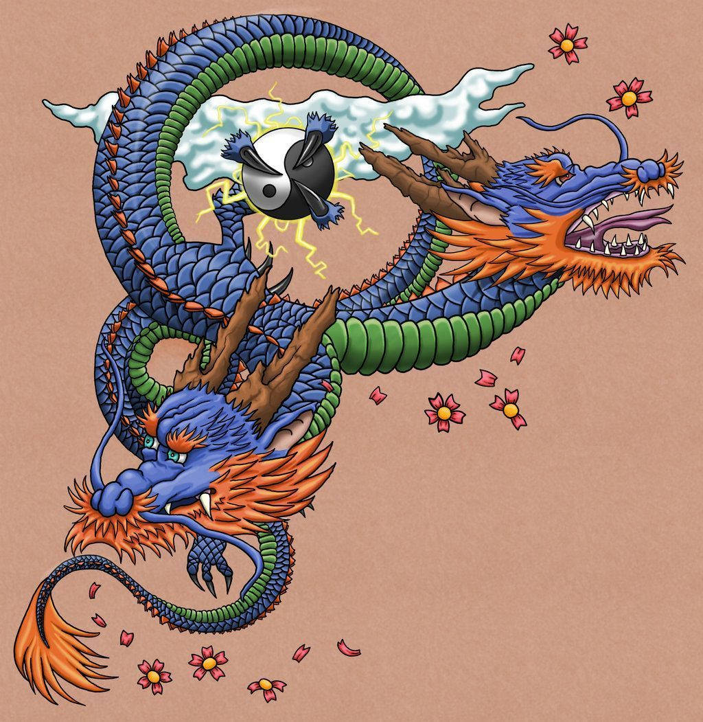 雙頭日本龍 壁紙 — 一條充滿活力的藍綠色龍纏繞著陰陽符號，附近有閃電和櫻花飄浮。