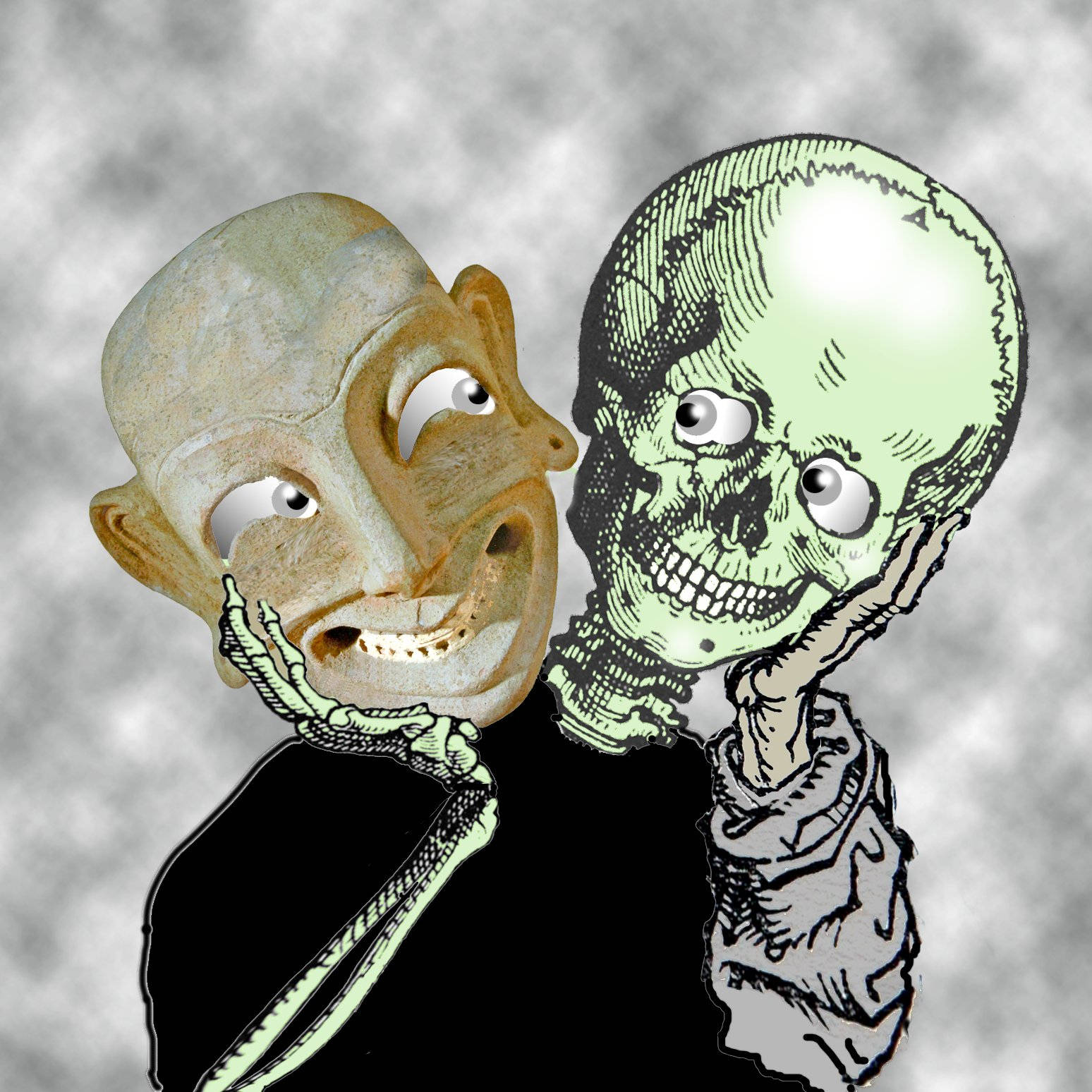 雙頭身體的模糊插畫 壁紙 — 兩個超現實人物——一個紋理骷髏臉的男人，另一個卡通綠色骷髏——都微笑著並拿著自己的頭骨。