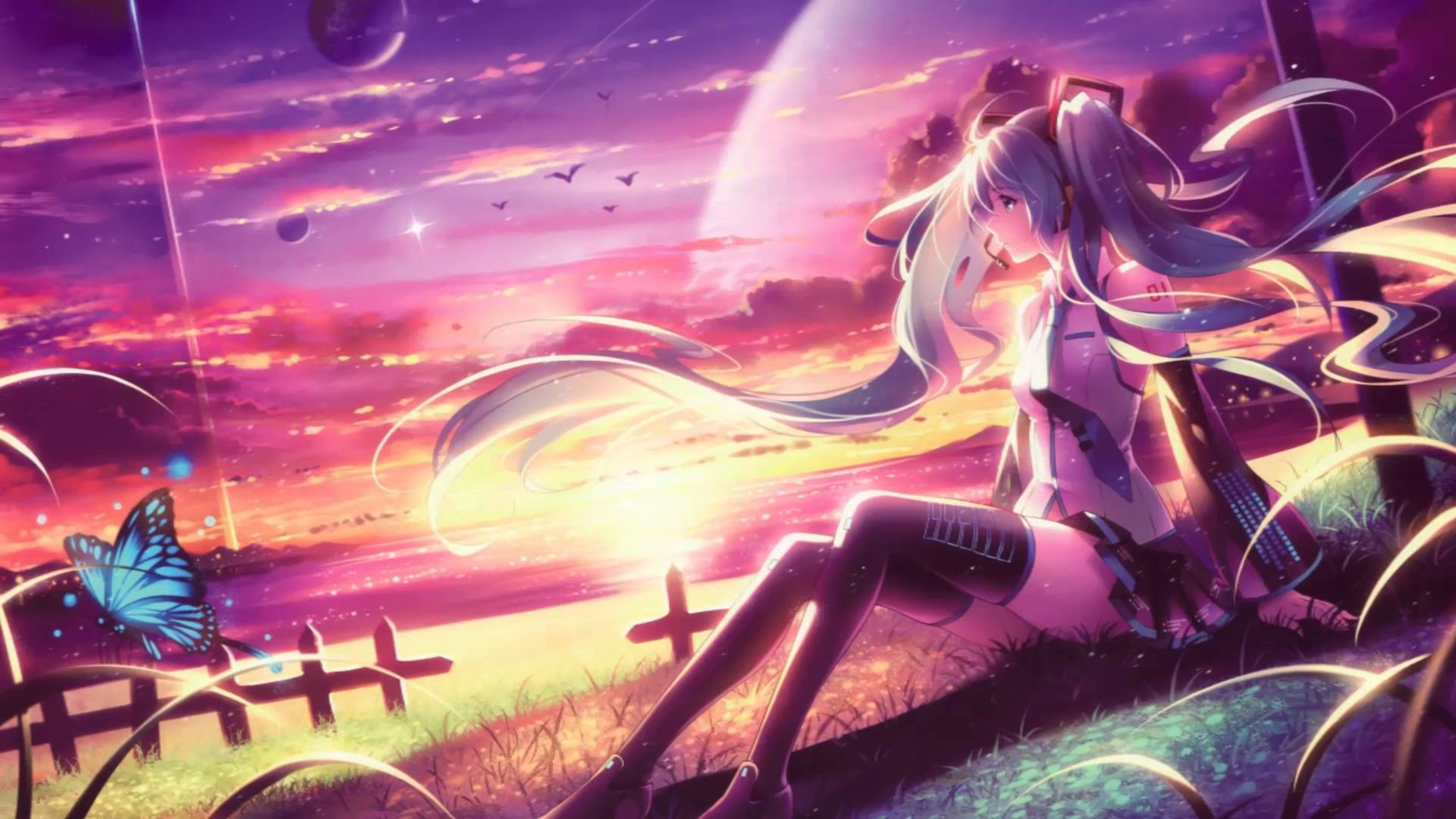 長發動漫女孩坐在夕陽下的草地上，有蝴蝶和漂浮的行星在天空中。
